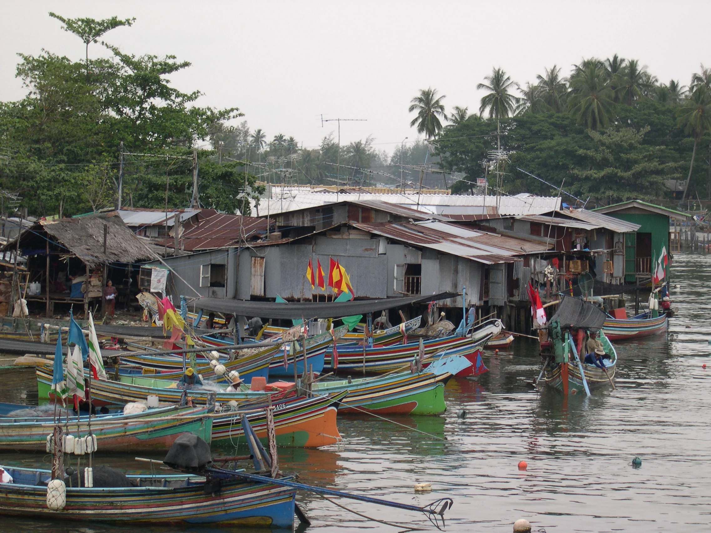 Fishing boats moored at a village on the Narathiwat coast