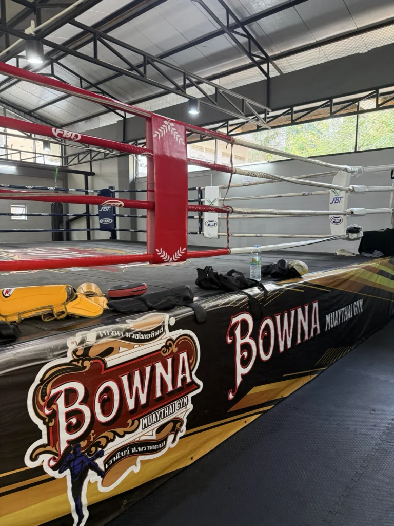 Full-size boxing ring at Bowna Muay Thai Gym in Sathorn, Bangkok