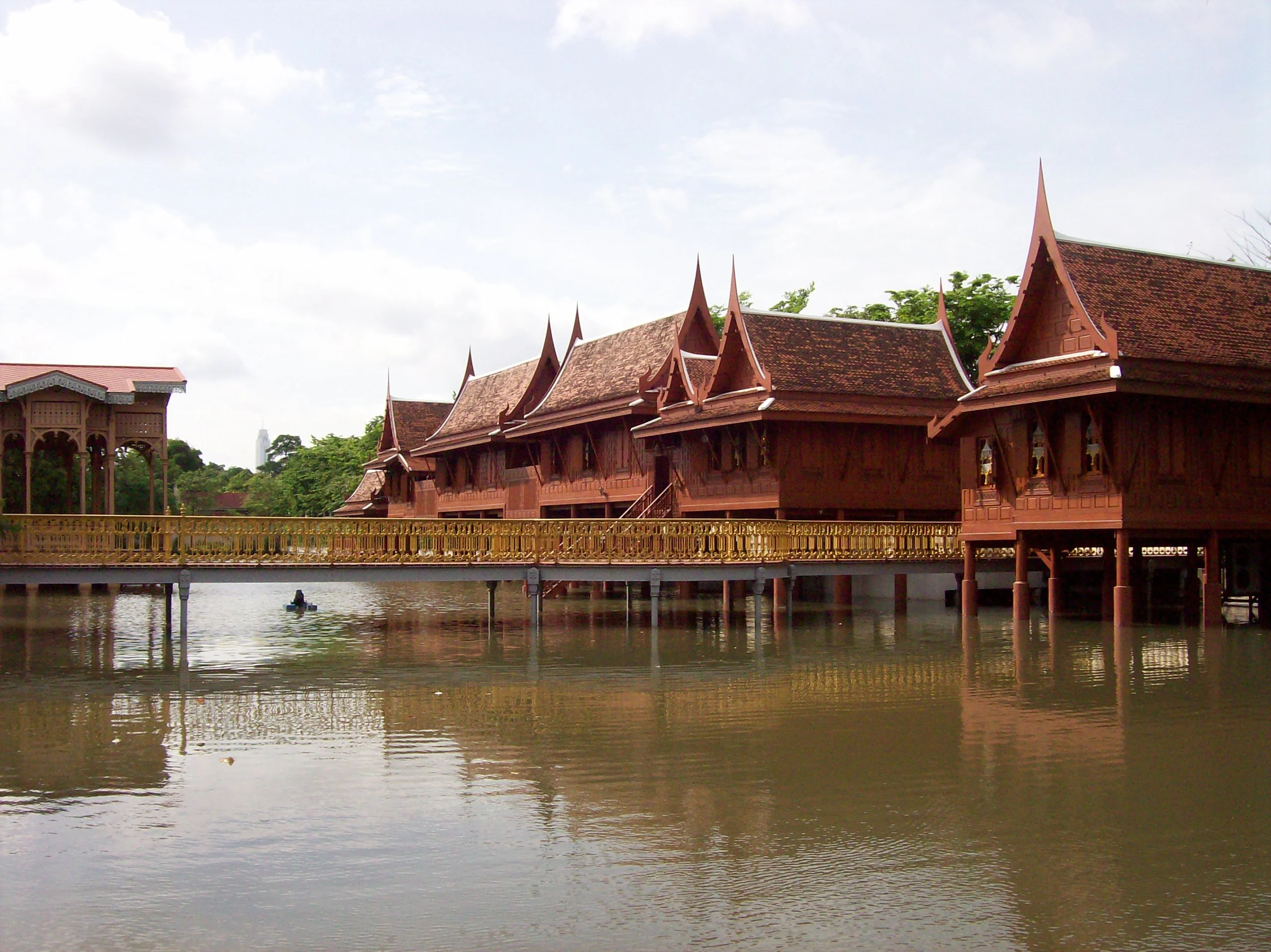 Wooden replica palace over water at the Ancient City, Muang Boran, Samut Prakan