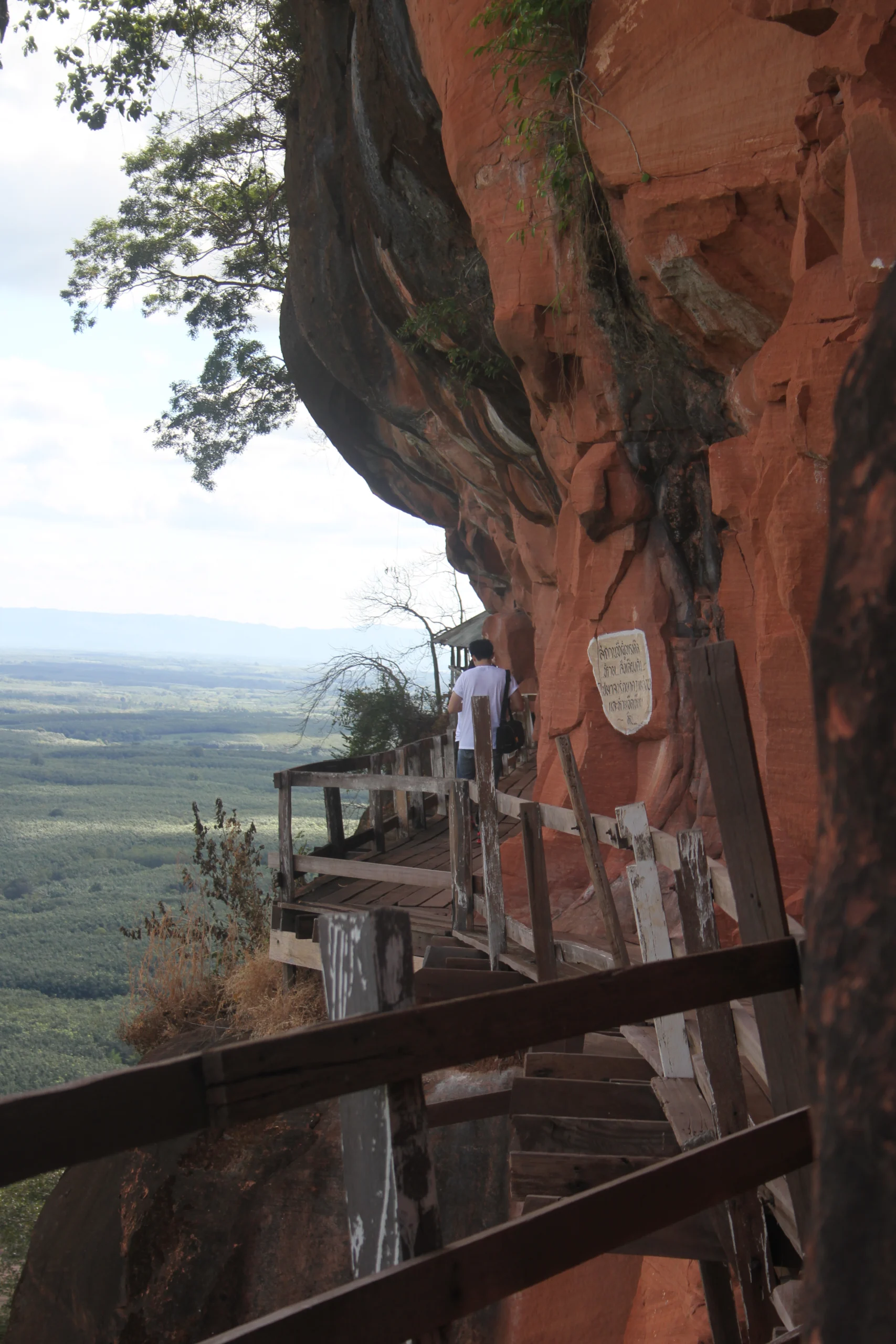 Wooden walkway clinging to the cliff face at Wat Phu Tok, Bueng Kan