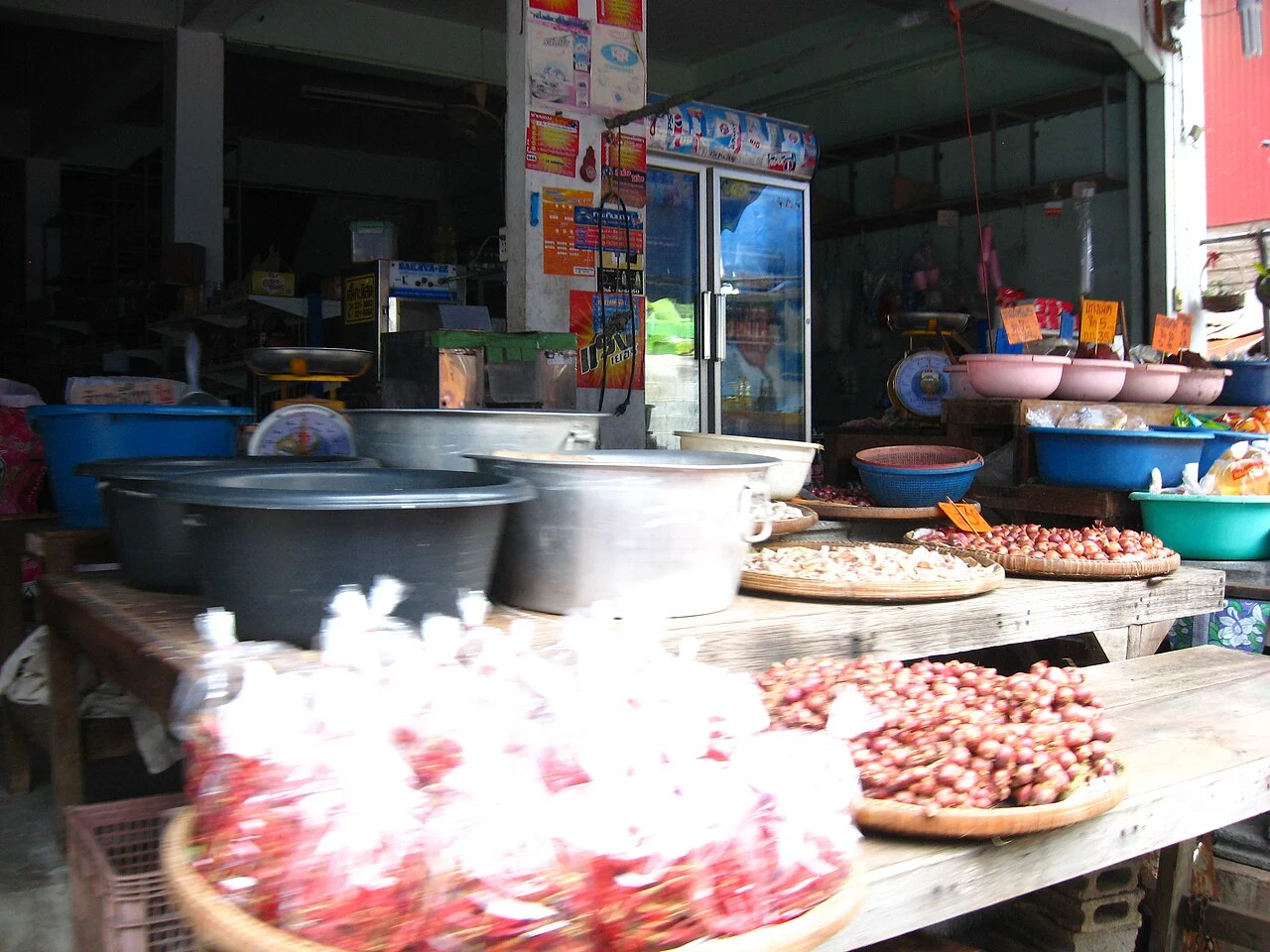 Local food stall at a market in Yasothon, Isaan, Thailand