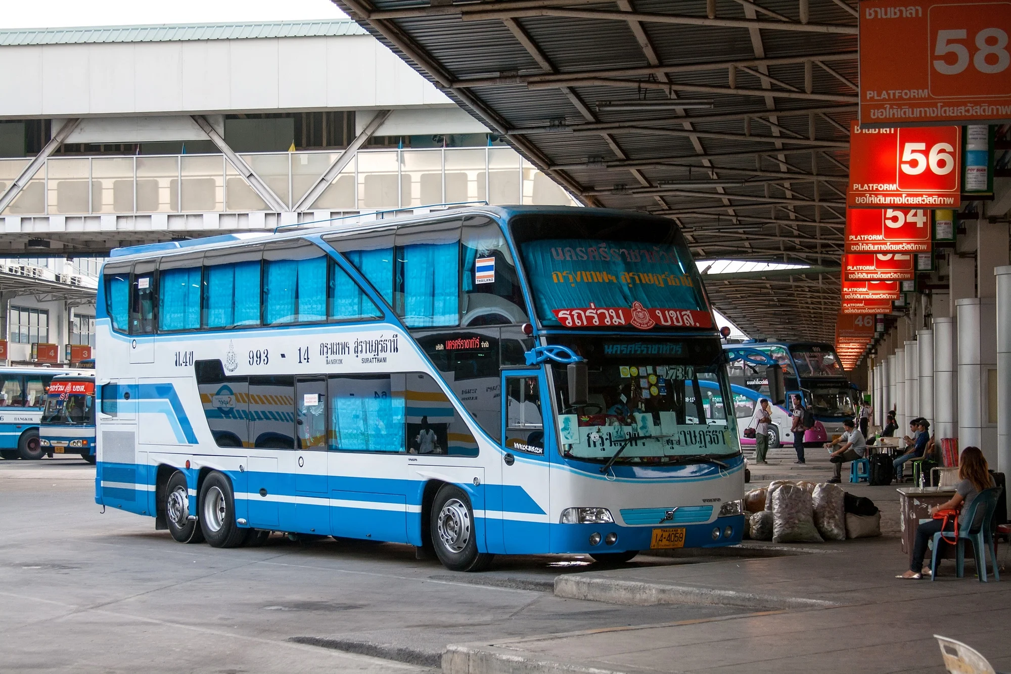 Coaches at Bangkok's Sai Tai Mai terminal — the 12-hour overland option to Phuket