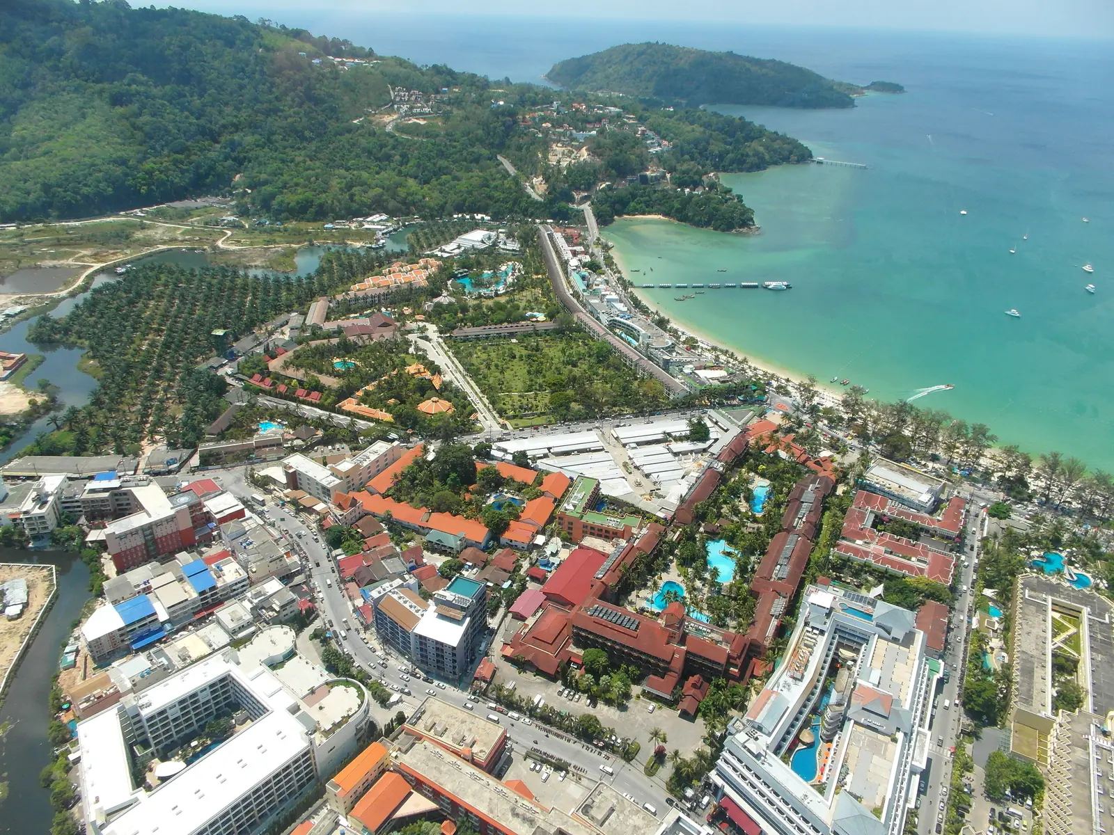 Patong Beach and the town behind it seen from a helicopter, Phuket, March 2013