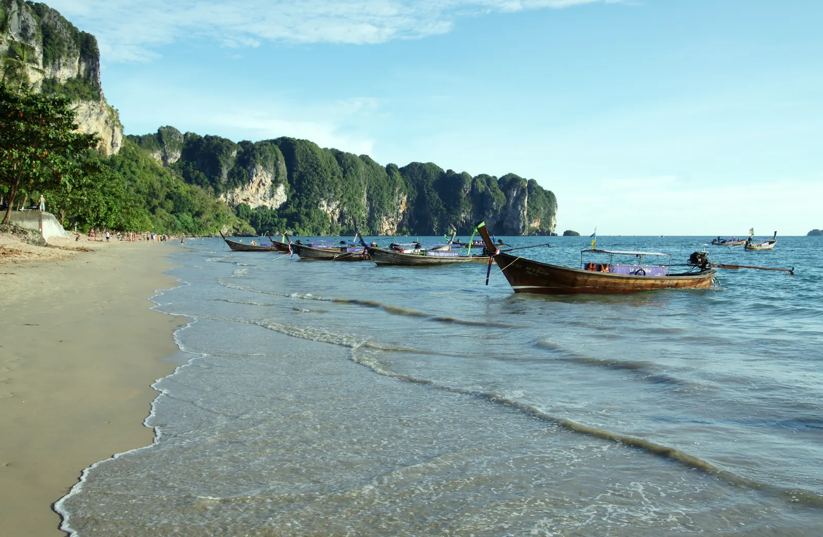 Ao Nang beach, Krabi, with longtail boats at the shoreline