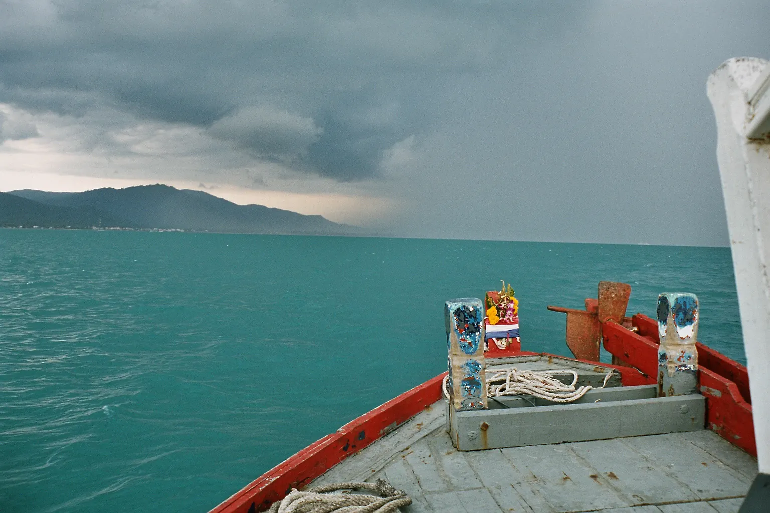 A thunderstorm approaching over the Gulf of Thailand seen from a longtail boat near Koh Samui