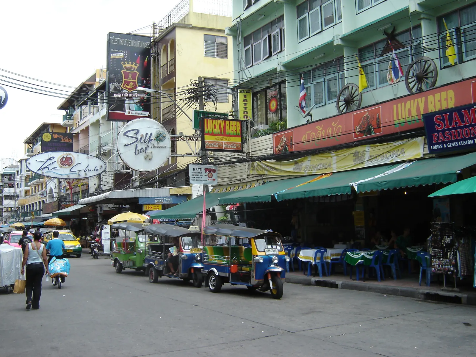Khao San Road, Bangkok, with a tuk-tuk and shopfronts