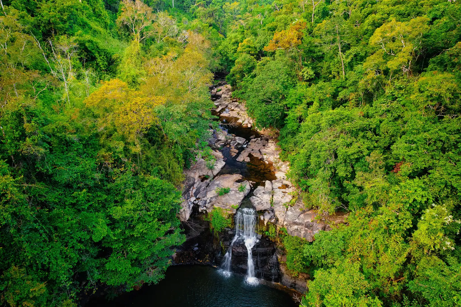 Aerial view of Khlong Chao waterfall on Koh Kood, Trat