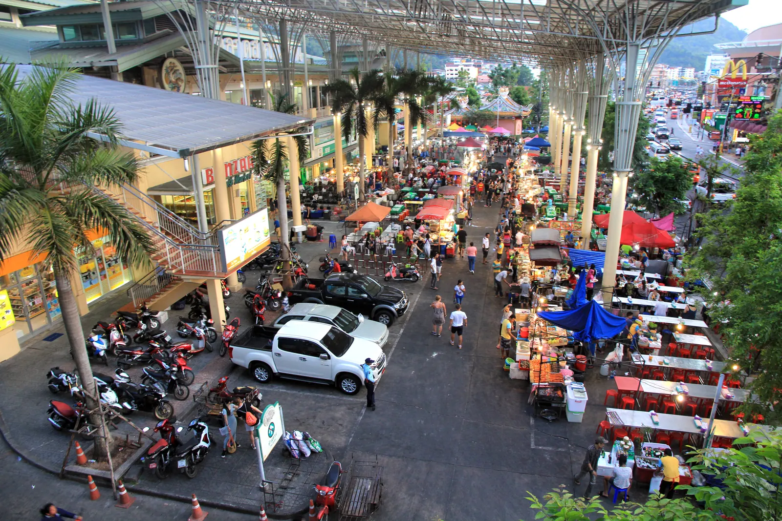 Patong's night market from above: rows of food stalls under the lights, Phuket