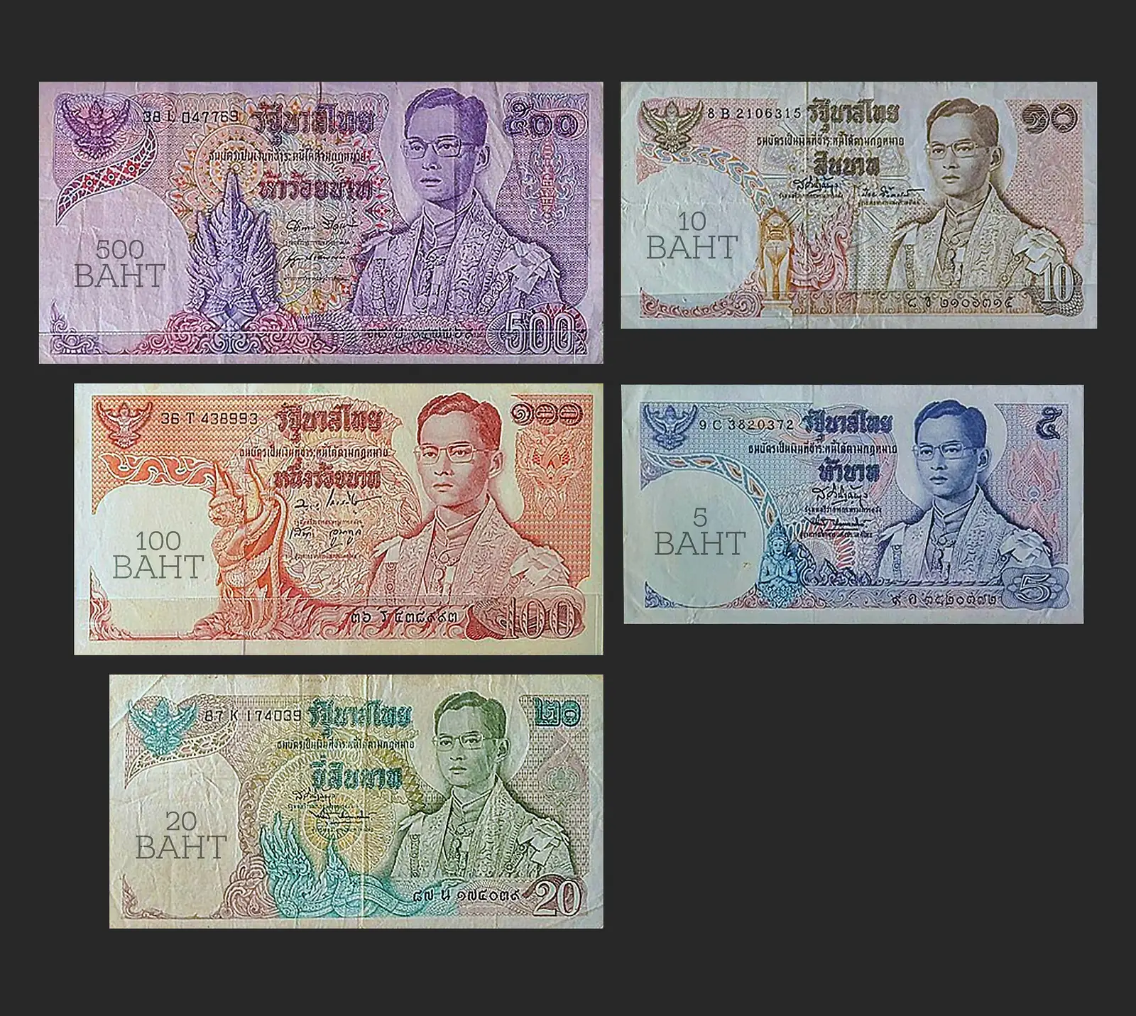 Thai baht banknotes: 20, 50, 100, 500 and 1,000 baht notes