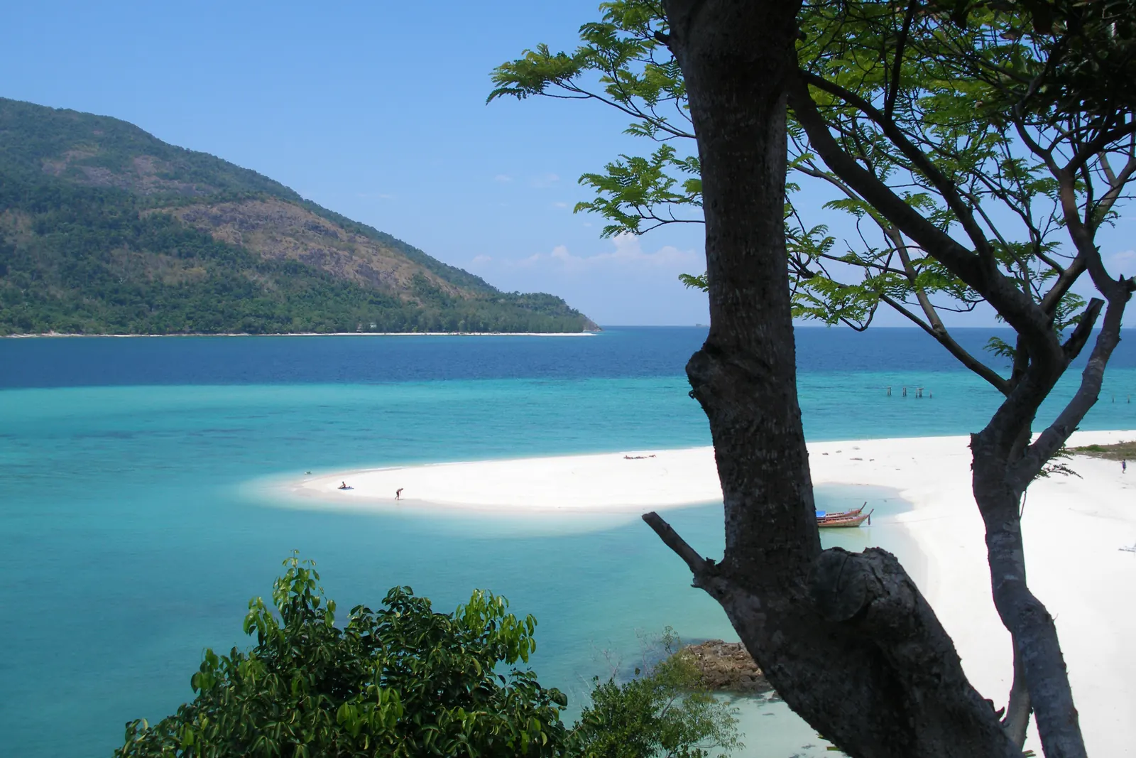 A white sand spit and flat turquoise water off Koh Lipe under a clear dry-season sky
