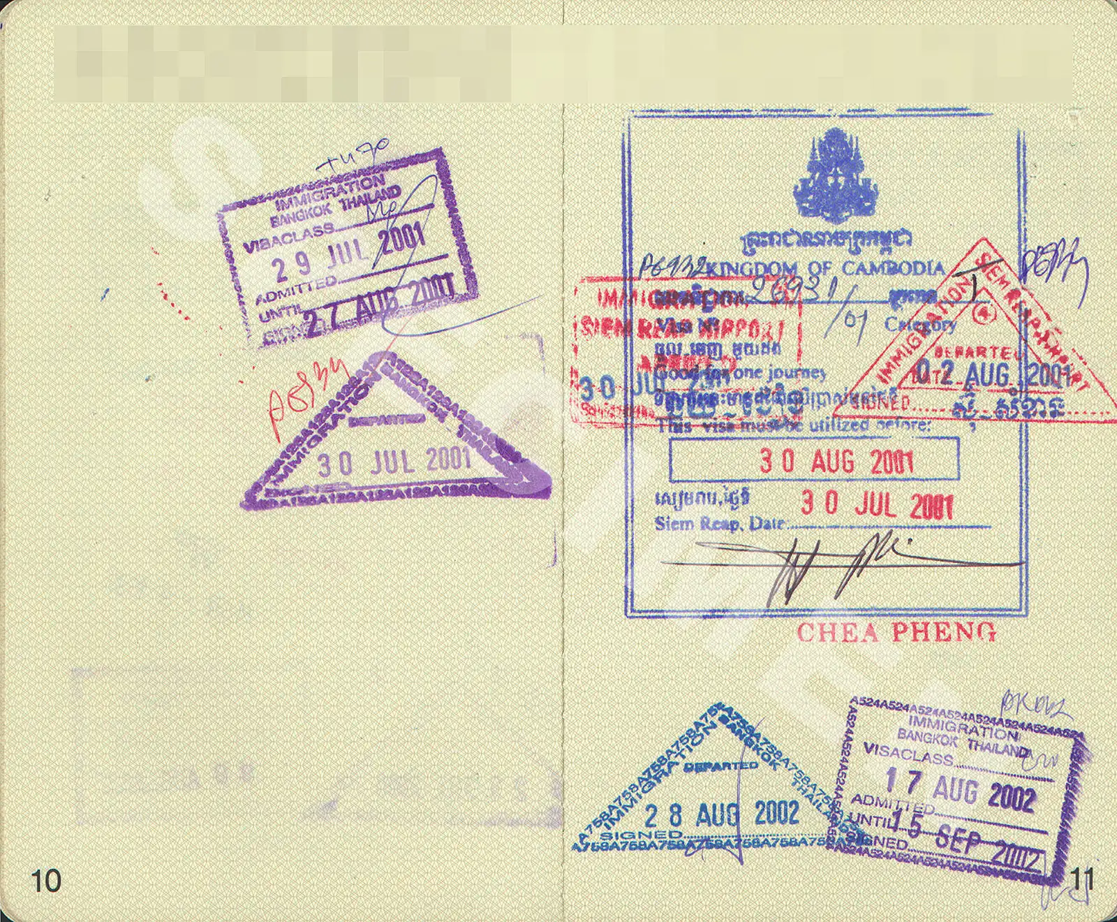 Thai immigration stamps and a Cambodian visa in a passport, 2001–02